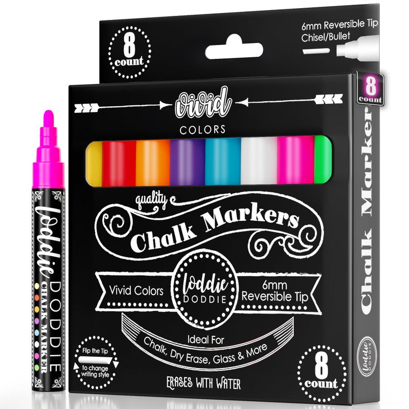 Loddie Doddie Liquid Chalk Markers - 8-Pack, 6mm Dual Tips - Chalk Markers for Blackboard & Chalkboard Paint - Washable Window Pens for Glass - Erasable Pens - Image 1